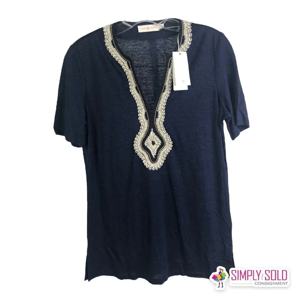Tory Burch Liliana Tee Womens XS Navy‎ Embroidered Linen V Neck Slub Knit NWT
